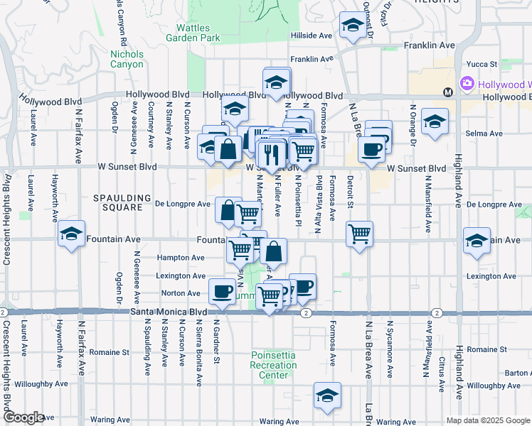map of restaurants, bars, coffee shops, grocery stores, and more near 1323 North Fuller Avenue in Los Angeles