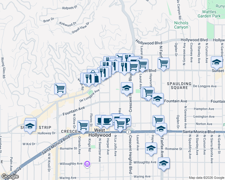map of restaurants, bars, coffee shops, grocery stores, and more near 1352 North Harper Avenue in West Hollywood