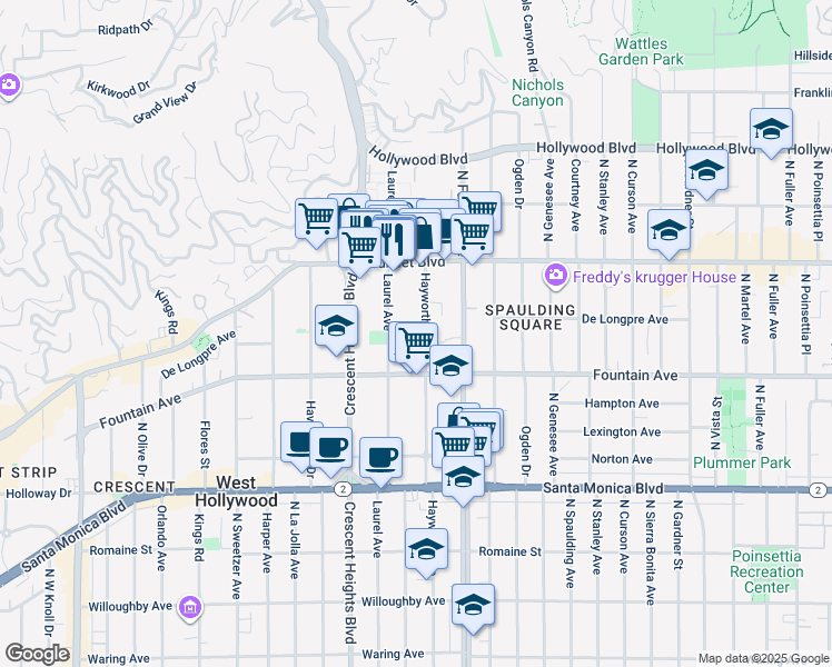 map of restaurants, bars, coffee shops, grocery stores, and more near 1345 Hayworth Avenue in West Hollywood