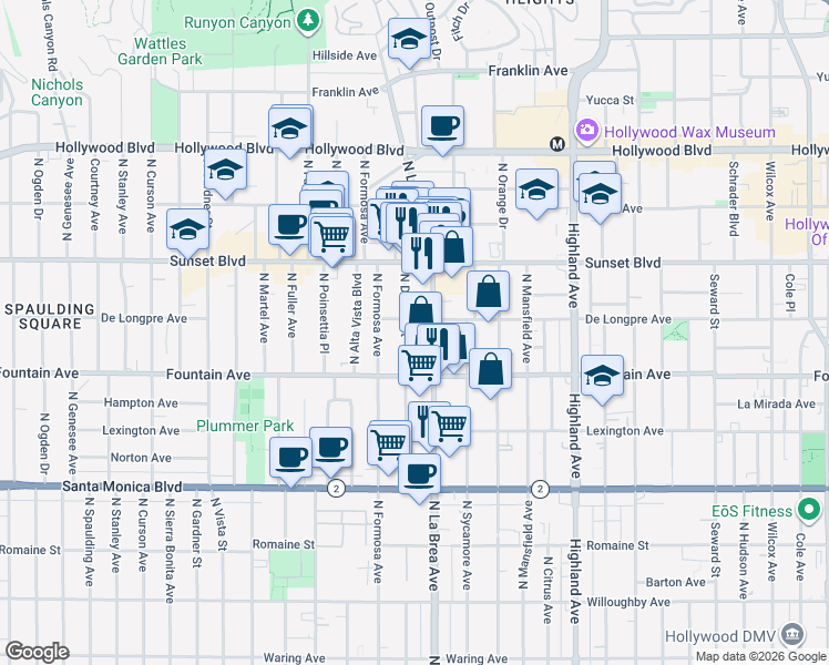 map of restaurants, bars, coffee shops, grocery stores, and more near 1348 North Detroit Street in Los Angeles