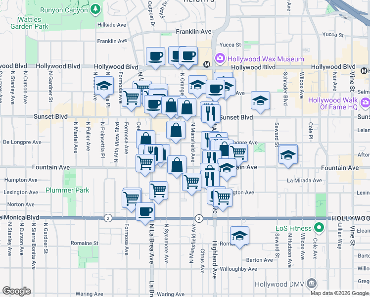 map of restaurants, bars, coffee shops, grocery stores, and more near 1348 North Orange Drive in Los Angeles