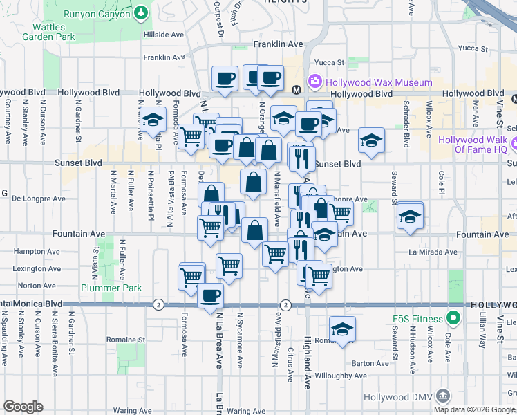map of restaurants, bars, coffee shops, grocery stores, and more near 1317 North Mansfield Avenue in Los Angeles