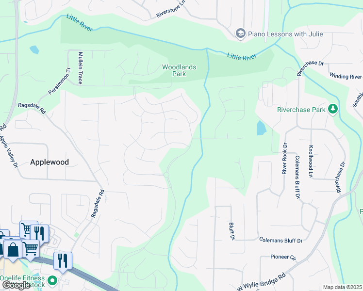 map of restaurants, bars, coffee shops, grocery stores, and more near 203 Revillion Way in Woodstock