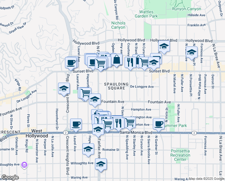 map of restaurants, bars, coffee shops, grocery stores, and more near 1345 North Ogden Drive in West Hollywood