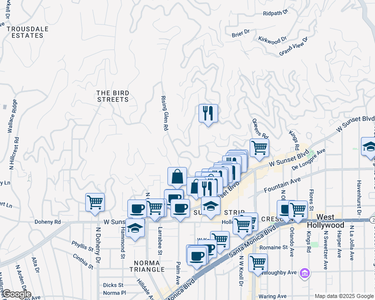 map of restaurants, bars, coffee shops, grocery stores, and more near 1270 Sunset Plaza Drive in Los Angeles