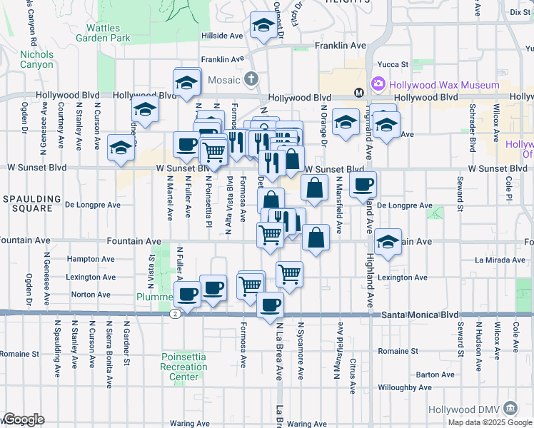 map of restaurants, bars, coffee shops, grocery stores, and more near 1348 North Detroit Street in Los Angeles