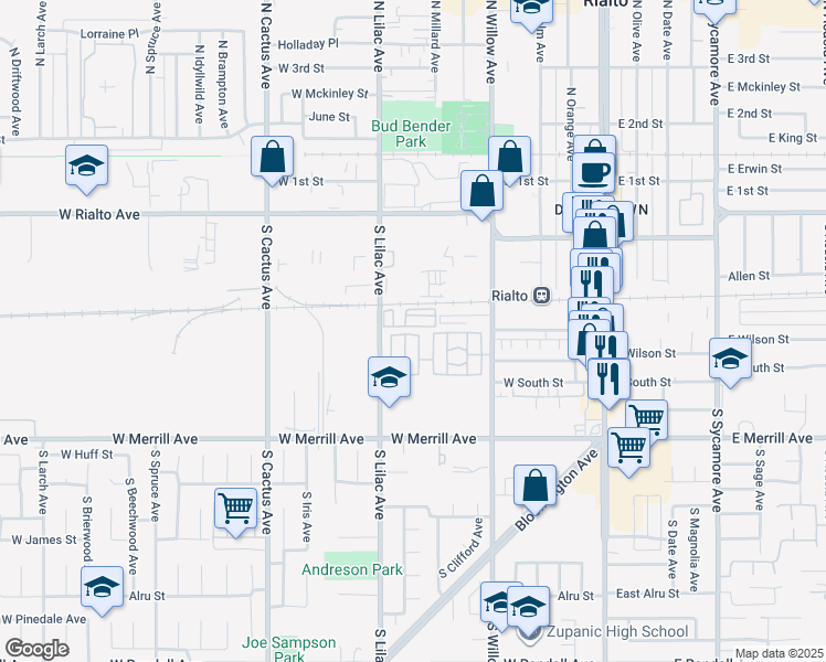 map of restaurants, bars, coffee shops, grocery stores, and more near 350 South Willow Avenue in Rialto