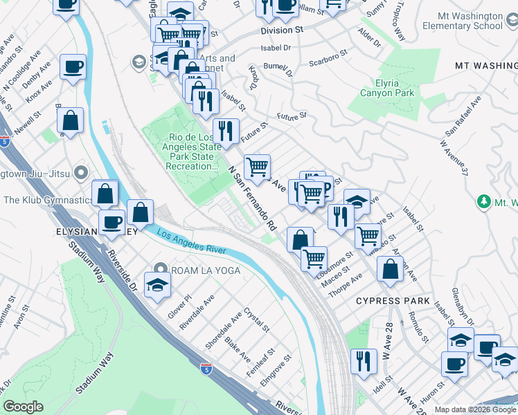map of restaurants, bars, coffee shops, grocery stores, and more near 1311 North San Fernando Road in Los Angeles