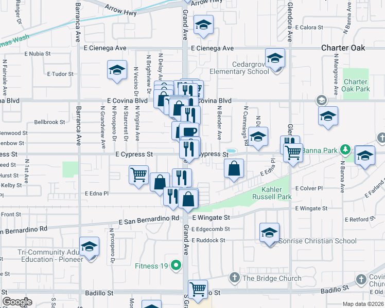 map of restaurants, bars, coffee shops, grocery stores, and more near 19548 East Cypress Street in Covina