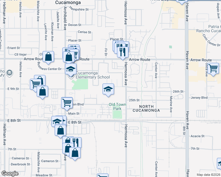 map of restaurants, bars, coffee shops, grocery stores, and more near 9997 McKinley Street in Rancho Cucamonga