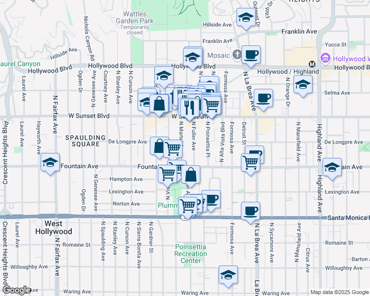 map of restaurants, bars, coffee shops, grocery stores, and more near 834 2/5 North Martel Avenue in Los Angeles