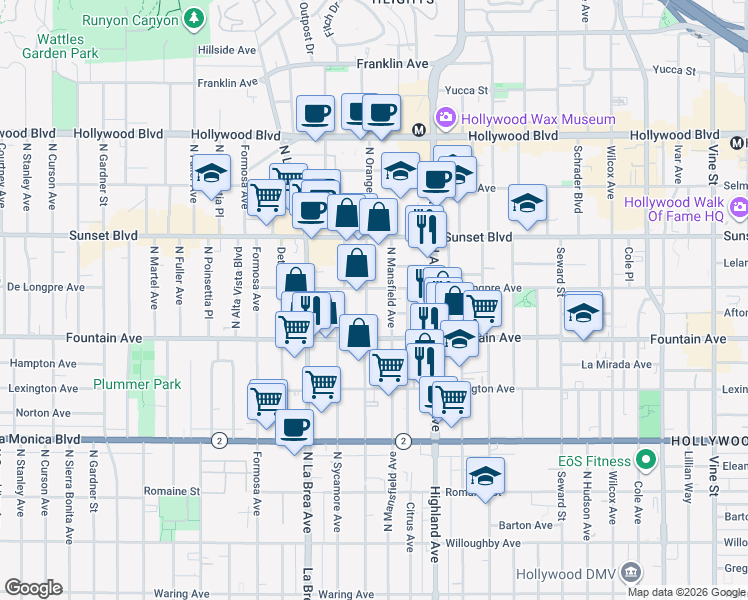 map of restaurants, bars, coffee shops, grocery stores, and more near 1348 North Orange Drive in Los Angeles