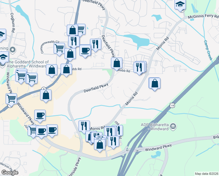 map of restaurants, bars, coffee shops, grocery stores, and more near 3181 Buck Way in Alpharetta