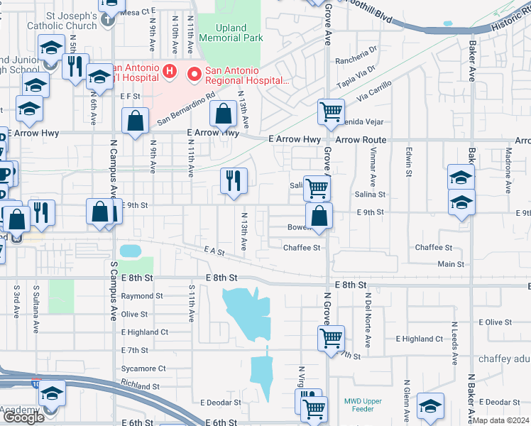 map of restaurants, bars, coffee shops, grocery stores, and more near 182 Tarragon Way in Upland
