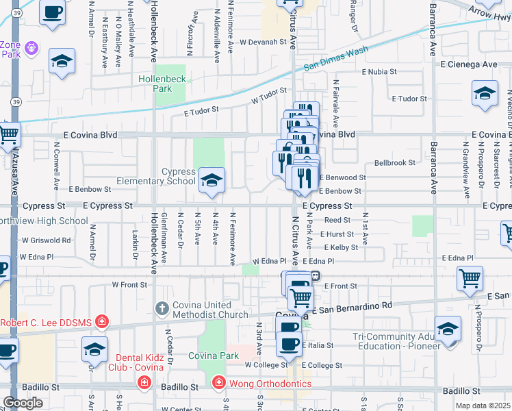 map of restaurants, bars, coffee shops, grocery stores, and more near 18327 East Cypress Street in Covina