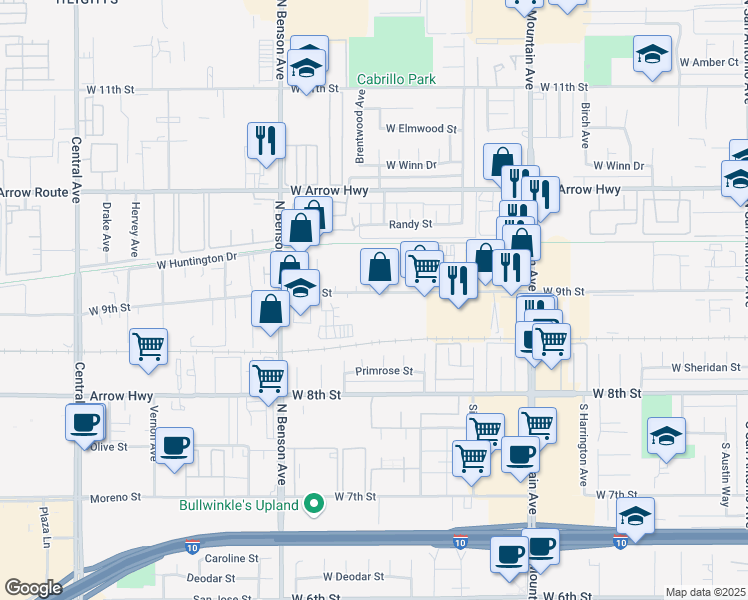 map of restaurants, bars, coffee shops, grocery stores, and more near 1431 W 9th St in Upland
