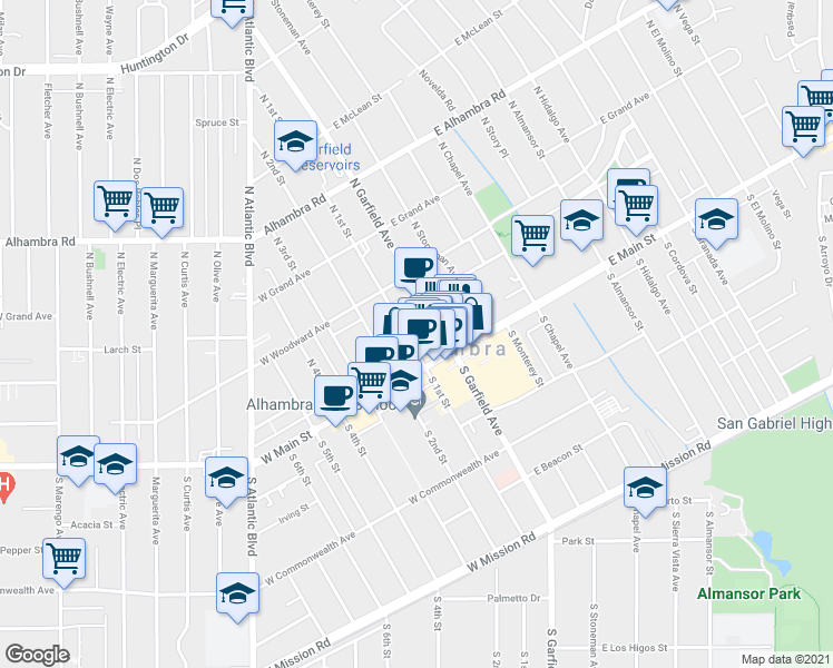 map of restaurants, bars, coffee shops, grocery stores, and more near in Alhambra