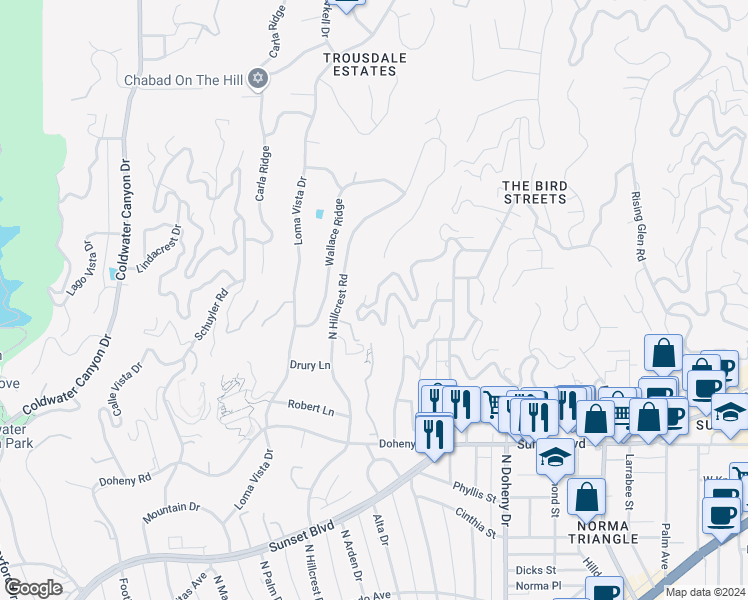 map of restaurants, bars, coffee shops, grocery stores, and more near 9443 Sierra Mar Place in Los Angeles