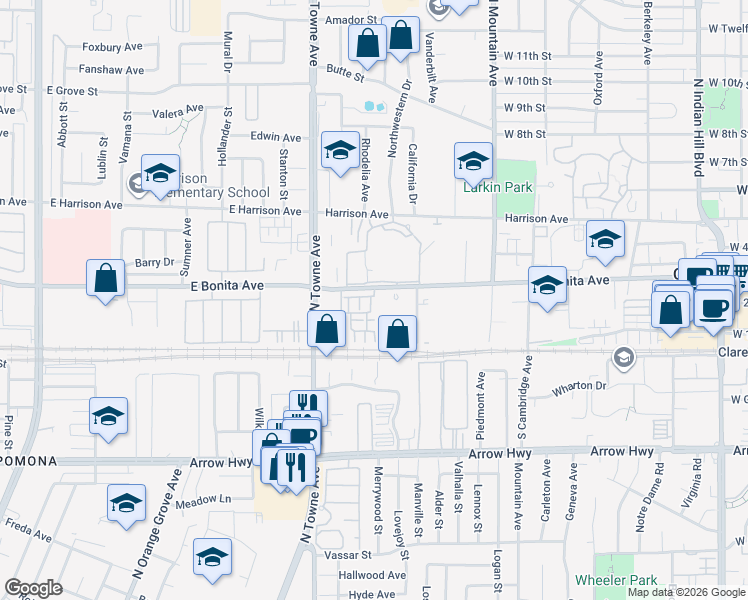 map of restaurants, bars, coffee shops, grocery stores, and more near 898 Seville Lane in Pomona