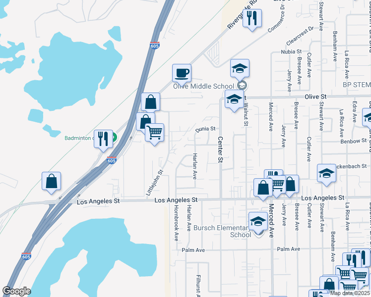 map of restaurants, bars, coffee shops, grocery stores, and more near 13422 Benbow Street in Baldwin Park