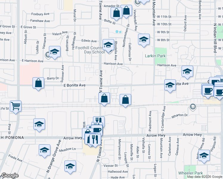 map of restaurants, bars, coffee shops, grocery stores, and more near 2790 Crimson Way in Pomona