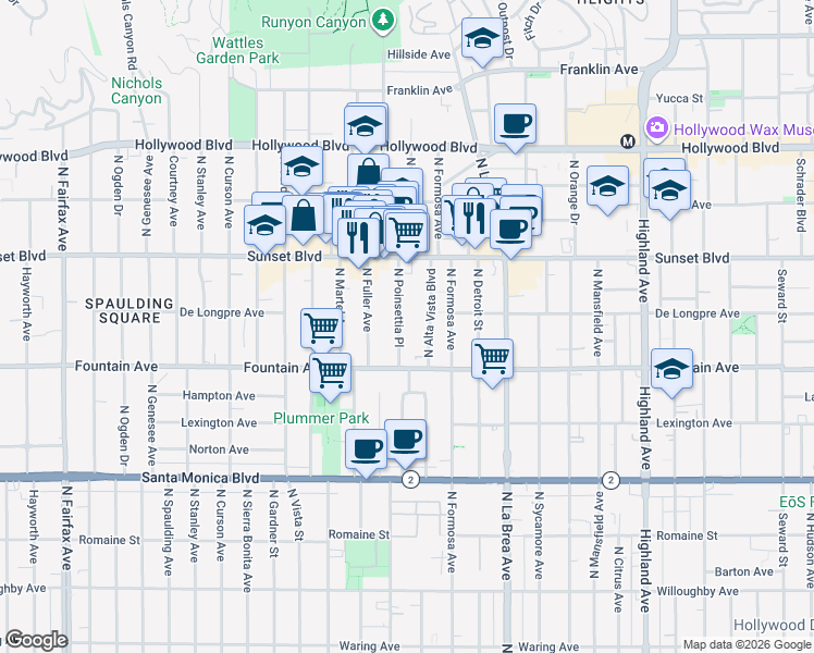 map of restaurants, bars, coffee shops, grocery stores, and more near 1419 North Poinsettia Place in Los Angeles