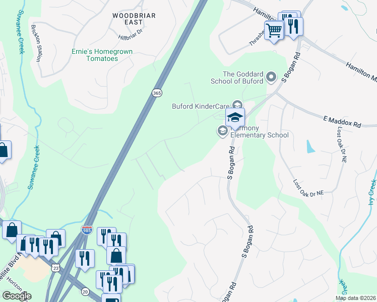 map of restaurants, bars, coffee shops, grocery stores, and more near 2287 East Maddox Road in Buford