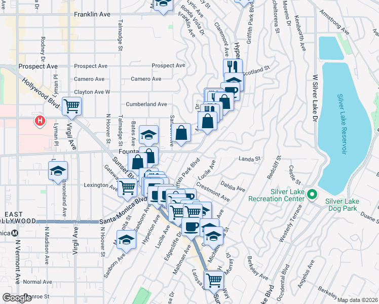 map of restaurants, bars, coffee shops, grocery stores, and more near Fountain Avenue & Hyperion Avenue in Los Angeles