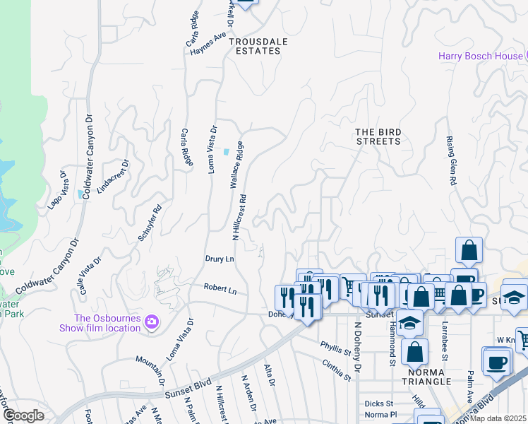 map of restaurants, bars, coffee shops, grocery stores, and more near 9443 Sierra Mar Place in Los Angeles