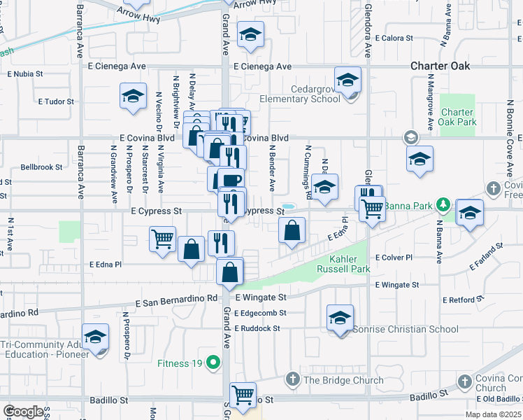 map of restaurants, bars, coffee shops, grocery stores, and more near 21052 East Cypress Street in Covina
