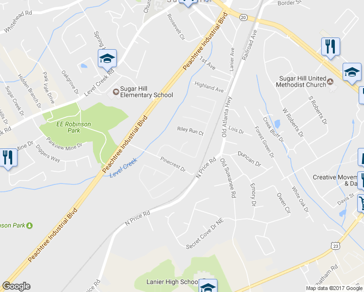 map of restaurants, bars, coffee shops, grocery stores, and more near 1042 Pine Isle Court in Buford