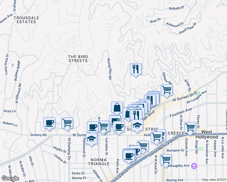 map of restaurants, bars, coffee shops, grocery stores, and more near 1319 Sunset Plaza Drive in Los Angeles