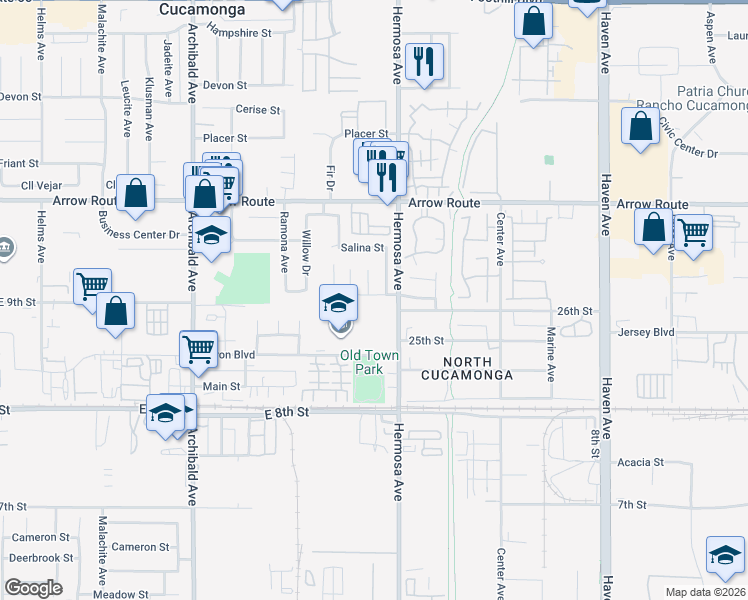 map of restaurants, bars, coffee shops, grocery stores, and more near 10051 McKinley Street in Rancho Cucamonga