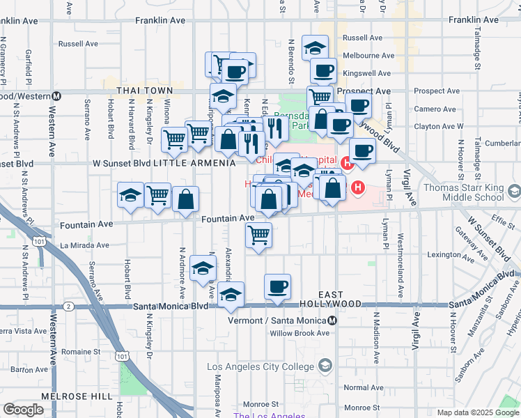 map of restaurants, bars, coffee shops, grocery stores, and more near 1340 North Edgemont Street in Los Angeles