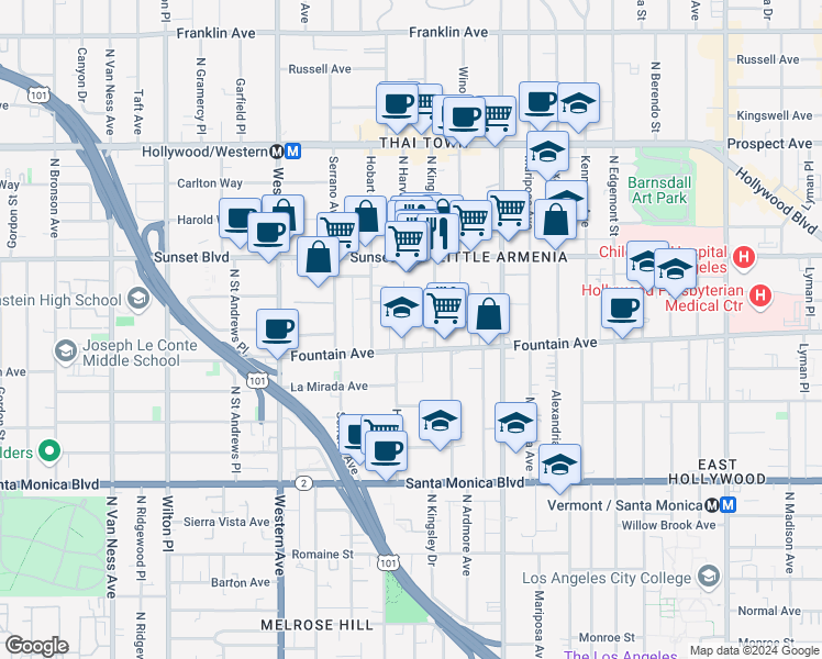 map of restaurants, bars, coffee shops, grocery stores, and more near 1320 North Harvard Boulevard in Los Angeles