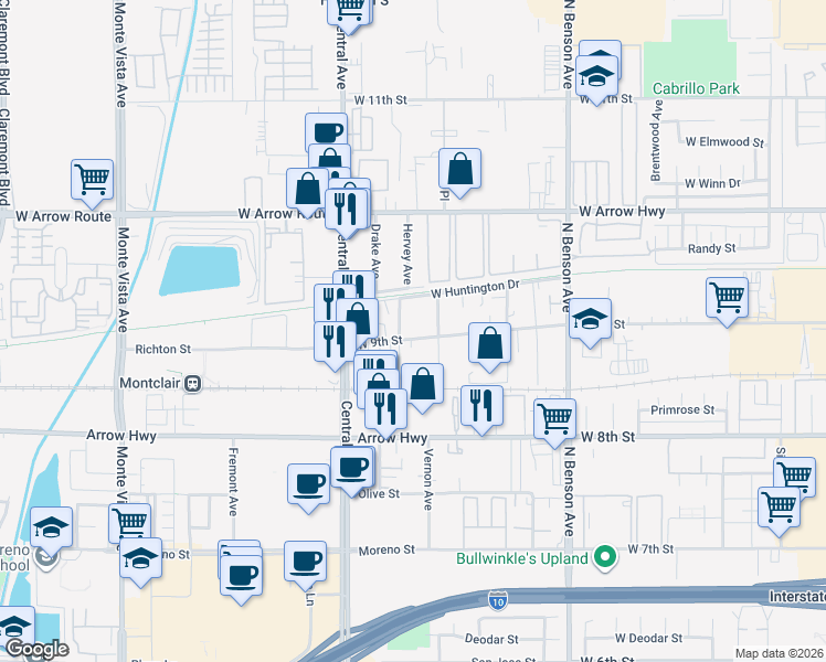map of restaurants, bars, coffee shops, grocery stores, and more near 1885 West 9th Street in Upland