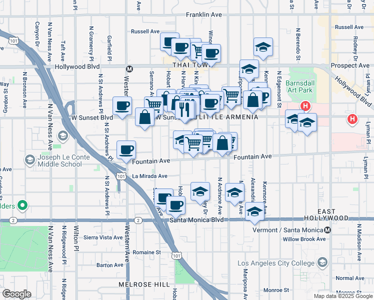 map of restaurants, bars, coffee shops, grocery stores, and more near 1320 North Harvard Boulevard in Los Angeles