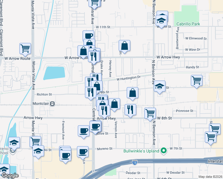 map of restaurants, bars, coffee shops, grocery stores, and more near 1885 West 9th Street in Upland