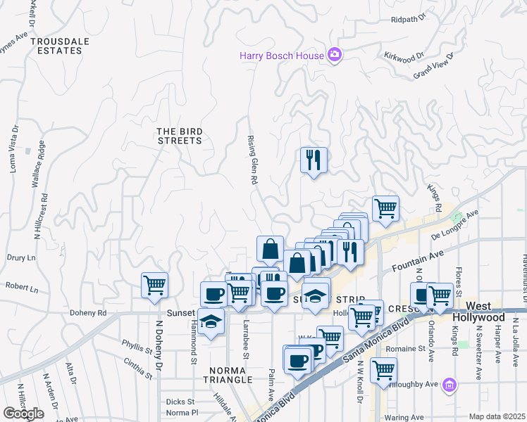 map of restaurants, bars, coffee shops, grocery stores, and more near 1319 Sunset Plaza Drive in Los Angeles