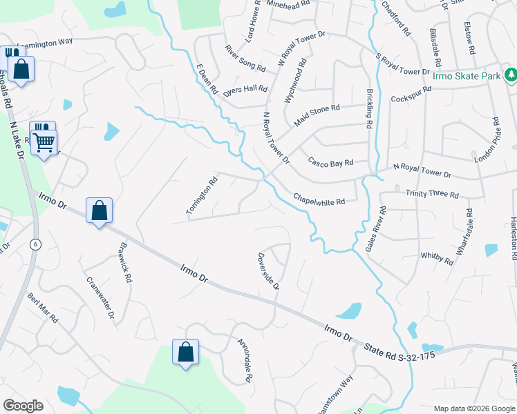 map of restaurants, bars, coffee shops, grocery stores, and more near 105 Castle Vale Road in Irmo