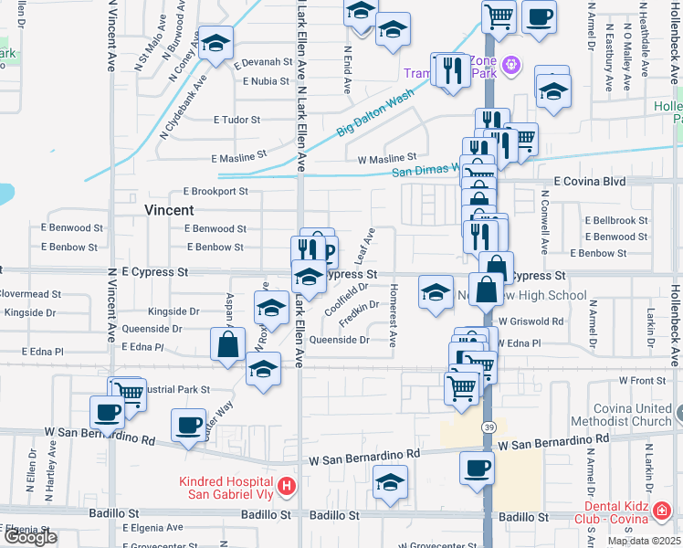 map of restaurants, bars, coffee shops, grocery stores, and more near 17076 East Cypress Street in Covina