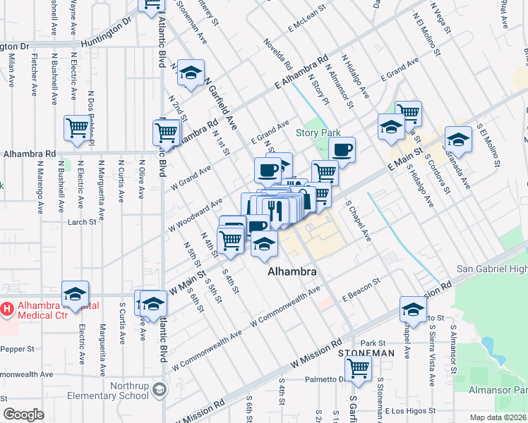 map of restaurants, bars, coffee shops, grocery stores, and more near 123 North Garfield Avenue in Alhambra
