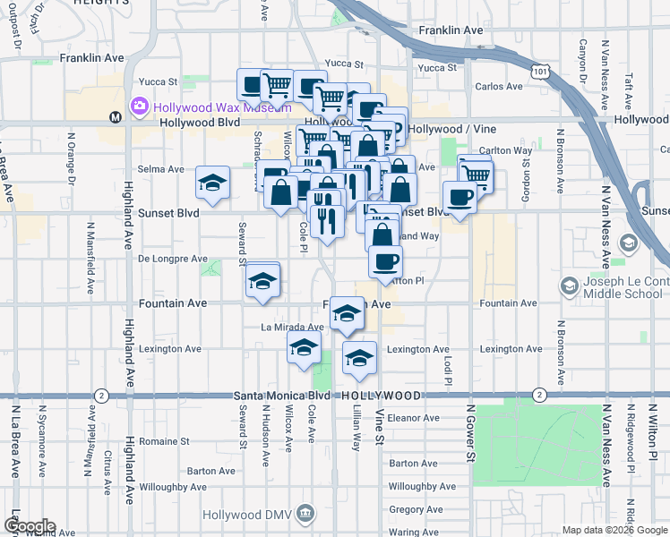 map of restaurants, bars, coffee shops, grocery stores, and more near 1350 Ivar Avenue in Los Angeles