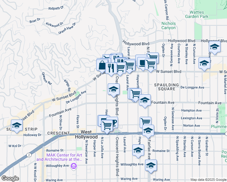 map of restaurants, bars, coffee shops, grocery stores, and more near 1351 North Crescent Heights Boulevard in West Hollywood