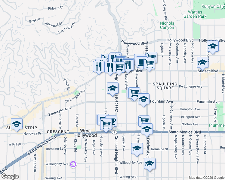 map of restaurants, bars, coffee shops, grocery stores, and more near 1401 North Crescent Heights Boulevard in West Hollywood