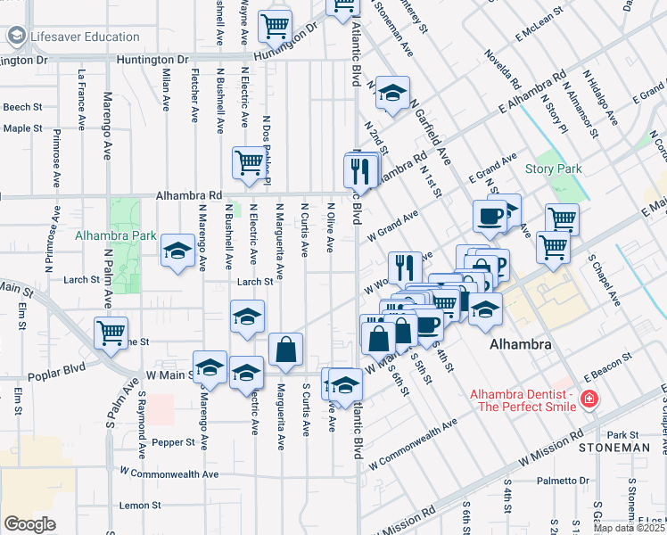 map of restaurants, bars, coffee shops, grocery stores, and more near 1125 Saint Charles Terrace in Alhambra