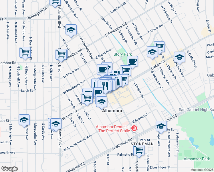 map of restaurants, bars, coffee shops, grocery stores, and more near 123 North Garfield Avenue in Alhambra