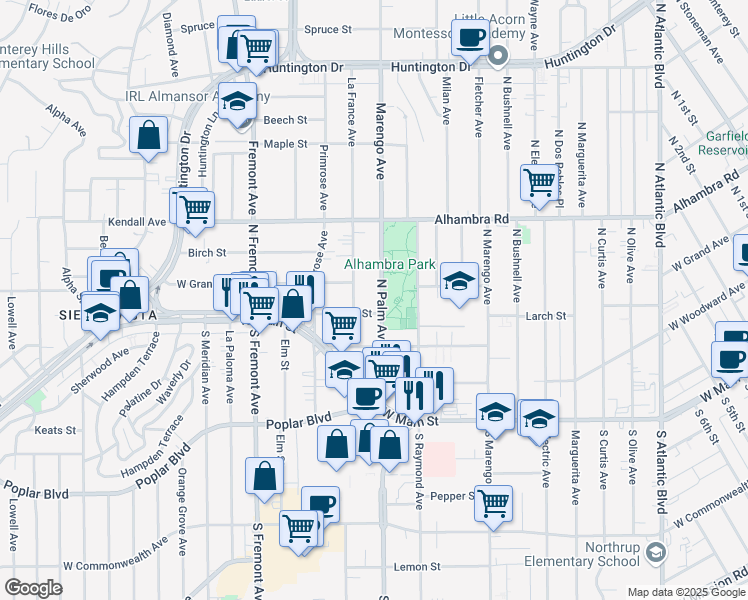 map of restaurants, bars, coffee shops, grocery stores, and more near 309 North Palm Avenue in Alhambra