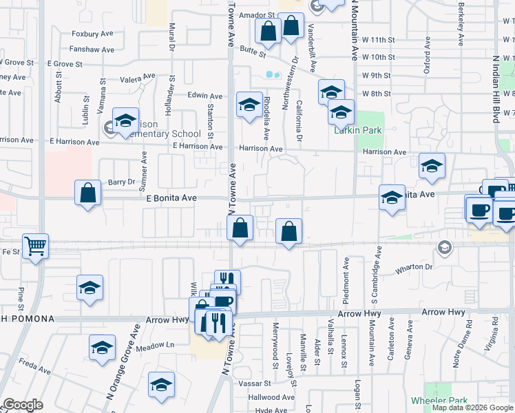 map of restaurants, bars, coffee shops, grocery stores, and more near 2772 Crimson Way in Pomona
