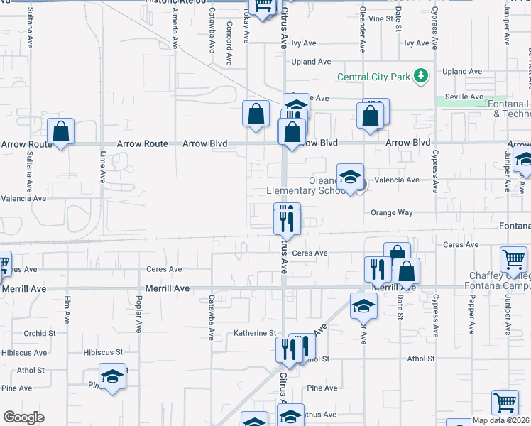 map of restaurants, bars, coffee shops, grocery stores, and more near 16065 Dorsey Avenue in Fontana